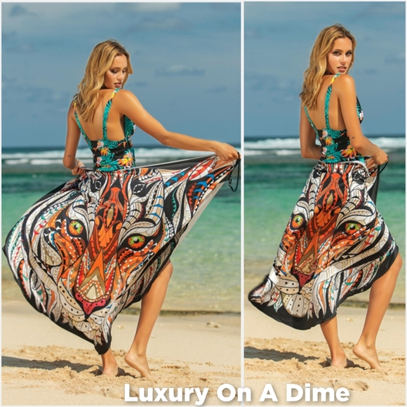 Colorful Swim Coverup Convertible Spaghetti Strap Swimwear Dress Sarong Lion - Picture 2 of 8